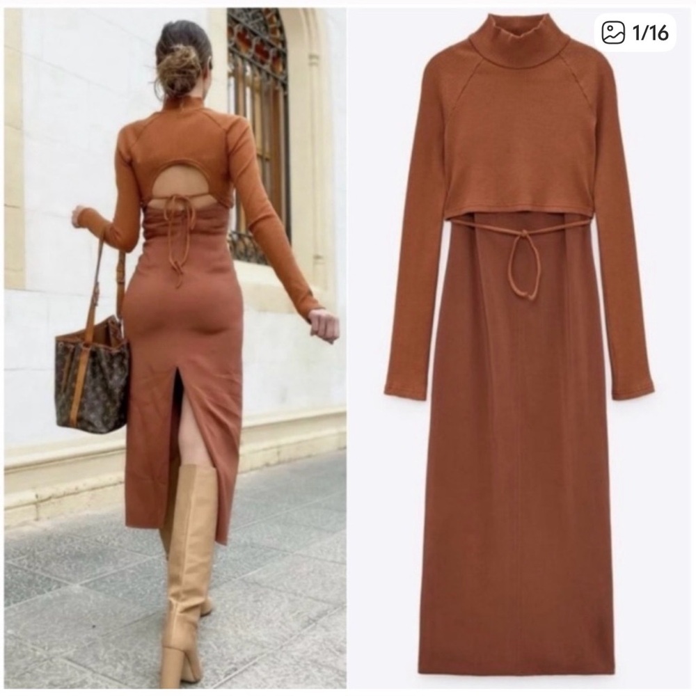 Zara Brown Open Back Long Sleeve Dress